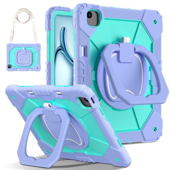 Decase Kids Case for Apple iPad Air 13 (M3)(M2) 13-inch 2025/2024,Shockproof Rotatable Stand Cover,Detachable Shoulder Strap,Rugged 3-Layer Tablet Shell with Pen Holder,Purple+Mint