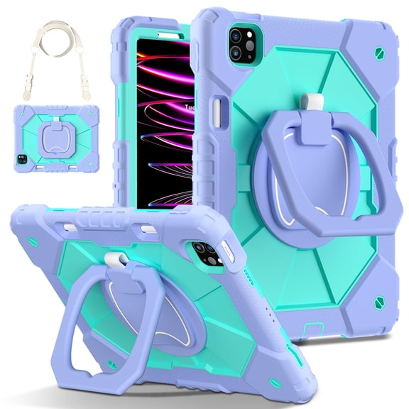 Decase Kids Case for Apple iPad Pro 11-inch (2021/2020/2018),Shockproof Stand Cover,Rugged 3-Layer Tablet Shell with Pen Holder for 11-inch iPad Pro 3rd/2nd/1st Gen,Purple+Mint