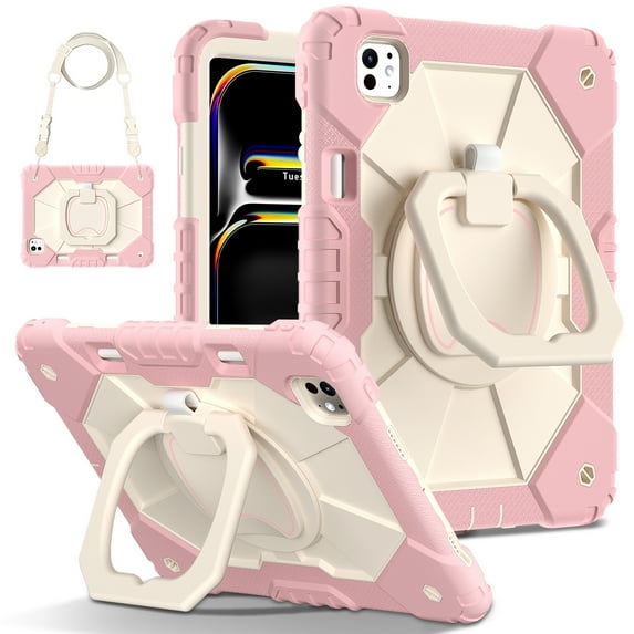 Decase Kids Case for Apple iPad Pro 11-inch (M5) 2025/(M4) 2024,Shockproof Rotatable Stand Cover,Detachable Shoulder Strap,Rugged 3-Layer Tablet Shell with Pen Holder,Rosegold