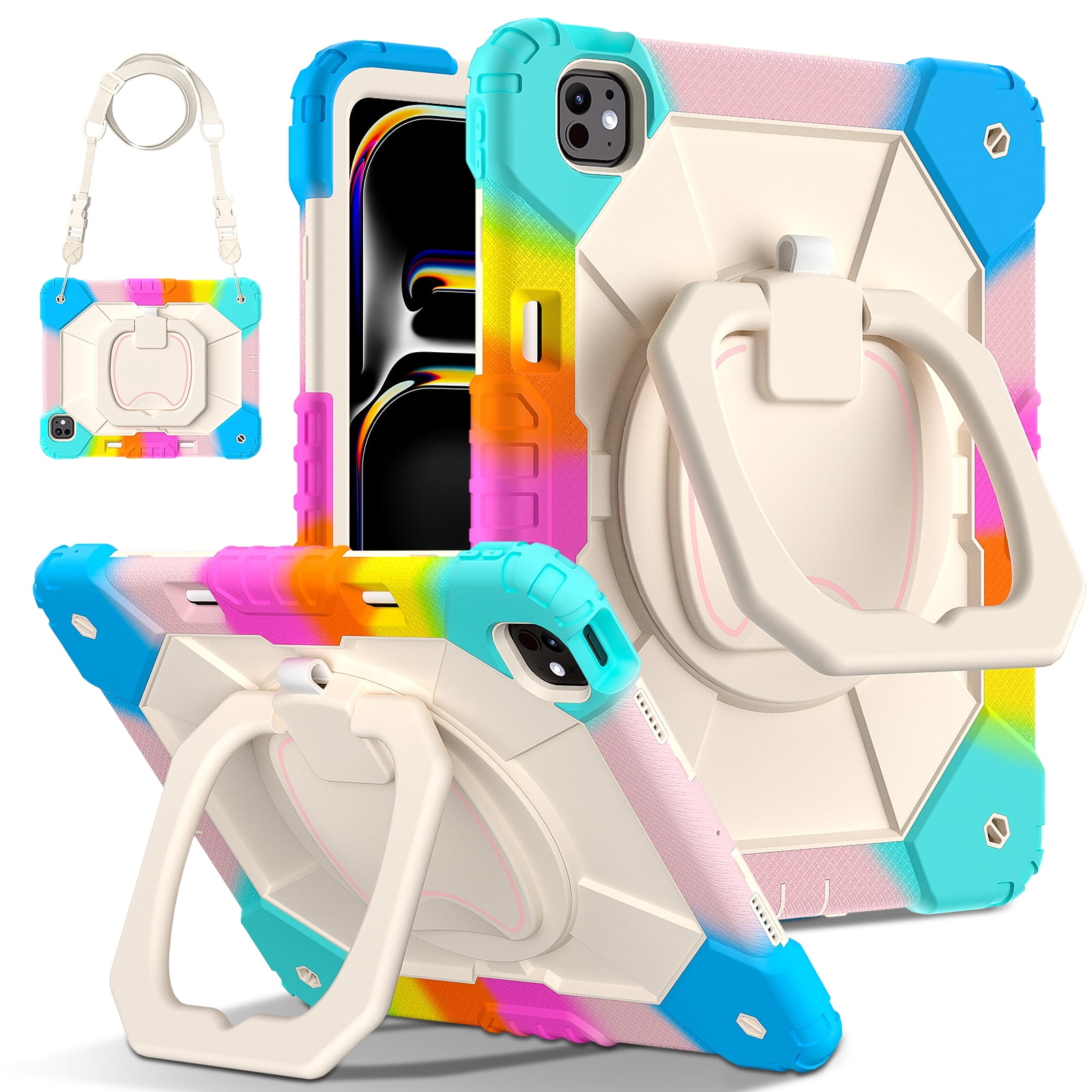 Decase Kids Case for Apple iPad Pro 13 13-inch (M5)(M4) 2025/2024,Shockproof Rotatable Stand Cover,Detachable Shoulder Strap,Rugged 3-Layer Tablet Shell with Pen Holder,Rainbow Blue