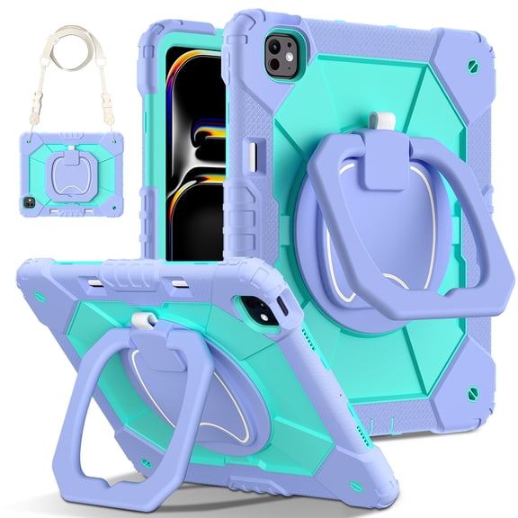 Decase Kids Case for Apple iPad Pro 13 13-inch (M5)(M4) 2025/2024,Shockproof Rotatable Stand Cover,Detachable Shoulder Strap,Rugged 3-Layer Tablet Shell with Pen Holder,Purple+Mint