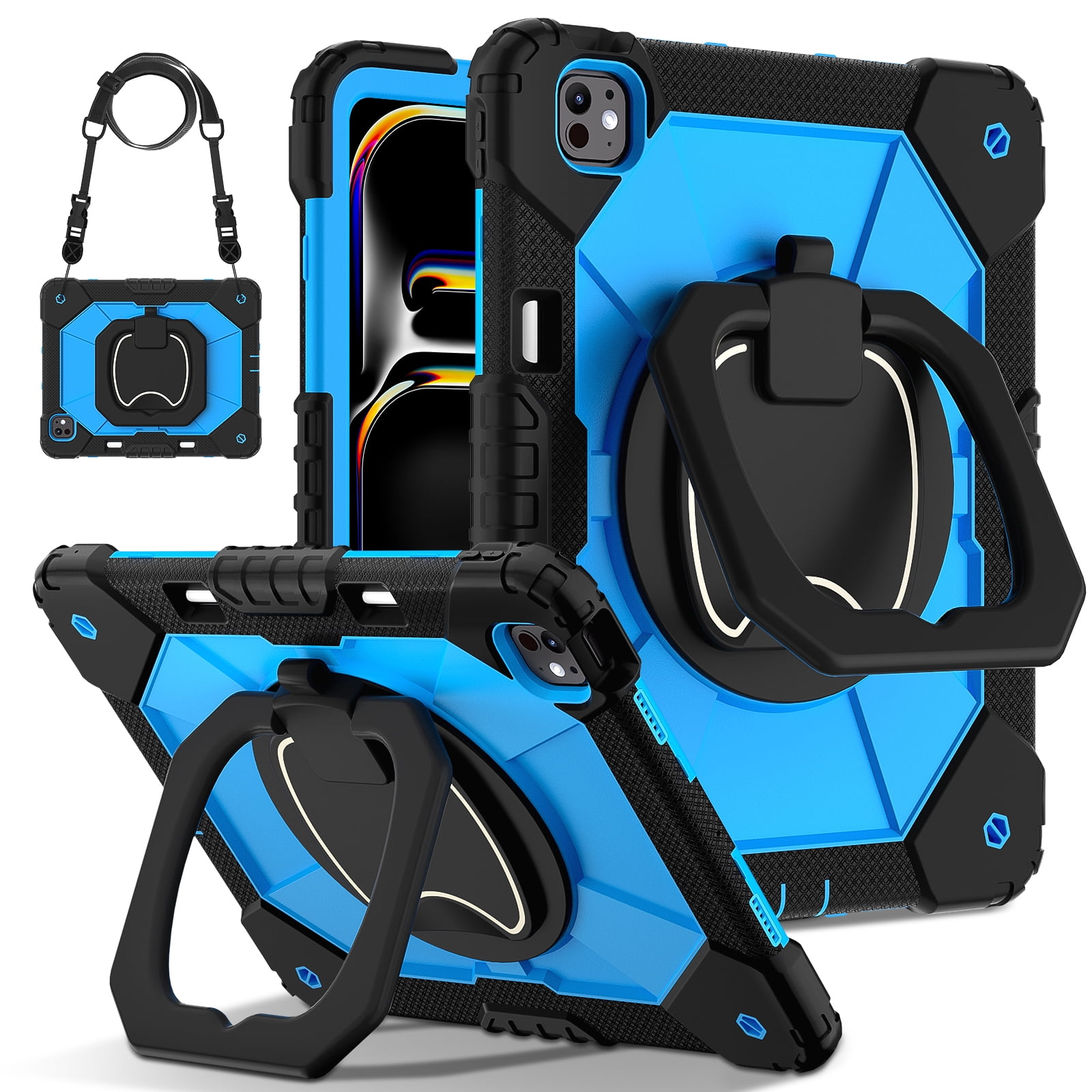 Decase Kids Case for Apple iPad Pro 13 13-inch (M5)(M4) 2025/2024,Shockproof Rotatable Stand Cover,Detachable Shoulder Strap,Rugged 3-Layer Tablet Shell with Pen Holder,Black+Blue