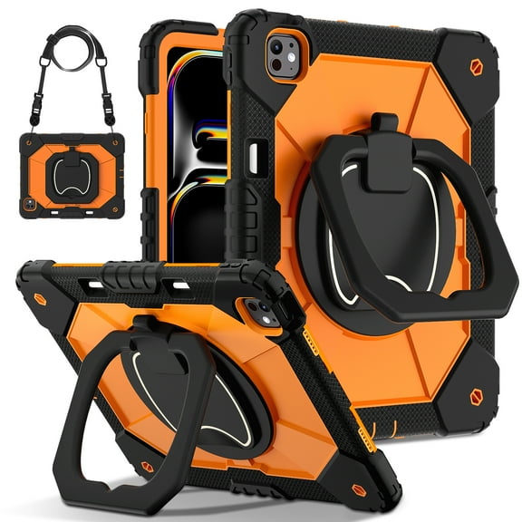 Decase Kids Case for Apple iPad Pro 13 13-inch (M5)(M4) 2025/2024,Shockproof Rotatable Stand Cover,Detachable Shoulder Strap,Rugged 3-Layer Tablet Shell with Pen Holder,Black+Orange
