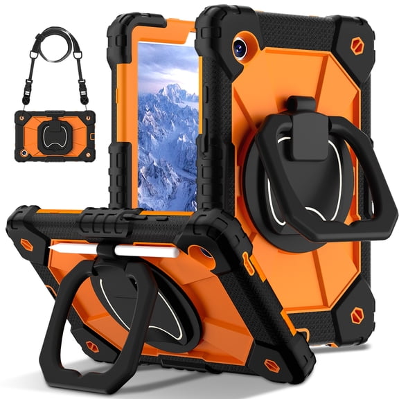 Decase Kids Case for Samsung Galaxy Tab A11 8.7-inch 2025,Shockproof Rotatable Stand Cover,Detachable Shoulder Strap,Rugged 3-Layer Tablet Shell with Pen Holder,Black+Orange