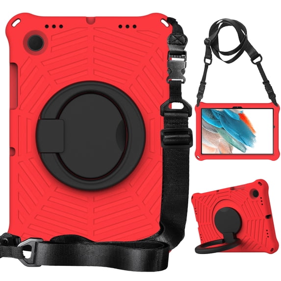 Decase Kids Friendly Tablet Shell for Samsung Galaxy Tab A8 10.5 inch 2022 Model SM-X200/X205/X207,Rugged Shockproof Hybrid Armor Cover With Shoulder Strap / 360° Rotating Kickstand, Red