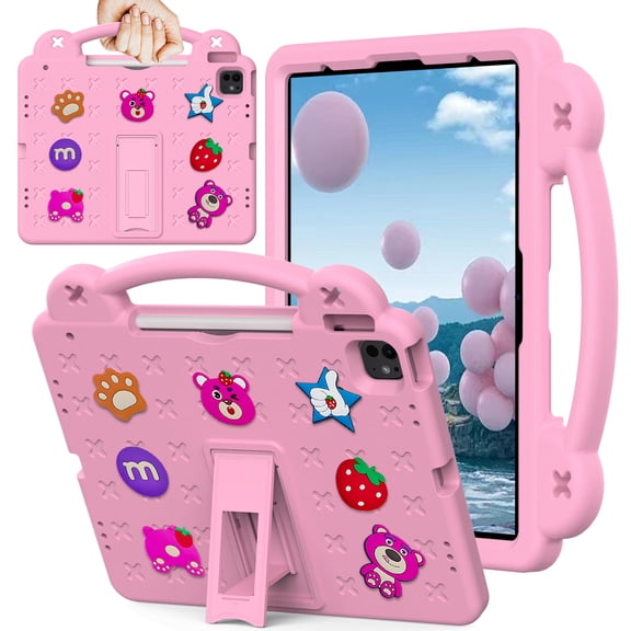 Decase Kids Tablet Case for iPad Air 13-inch M3 (2025) / M2 (2024) ,Strawberry Panda Pattern Shockproof Stand Case,Built-in Side Handles,Rugged TPU Cover for iPad Pro 13‑inch 2025/2024,Pink