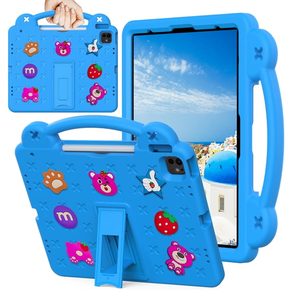 Decase Kids Tablet Case for iPad Air 13-inch M3 (2025) / M2 (2024) ,Strawberry Panda Pattern Shockproof Stand Case,Built-in Side Handles,Rugged TPU Cover for iPad Pro 13‑inch 2025/2024,Skyblue