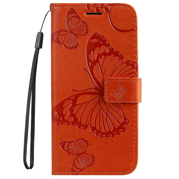 Decase Leather Case for Samsung Galaxy S24 Plus,Embossed Butterfly Pattern Folio Flip Case with Wristband Strap,Wallet Card Slots Stand Phone Cover for Samsung Galaxy S24 Plus,Orange