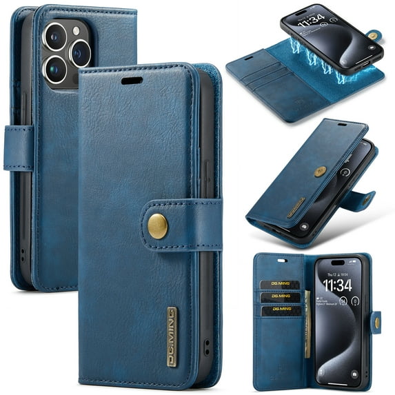 Decase Leather Magnetic Phone Case for iPhone 15 Pro,2 in 1 Detachable Wallet Case Cover with 4 Card Cash Slots & Magnetic Clasp Compatible with Apple 15 Pro - Blue