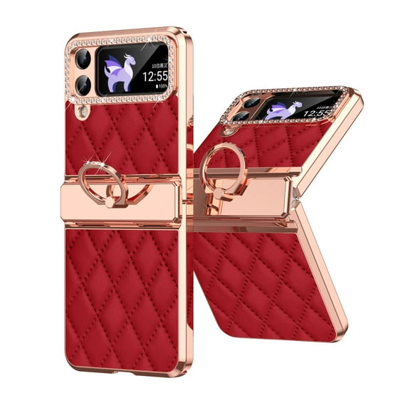 Decase Leather Phone Shell for Samsung Galaxy Z Flip 4 5G 2022,Luxury Premium Leather Ultra Slim Cover Case With Ring Kickstand & Hinge Protection & Bling Diamond Camera for Samsung Z Flip 4 5G,Red