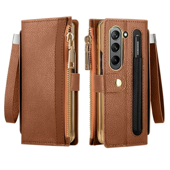 Decase Leather Wallet Case Samsung Galaxy Z Fold 5 Wrist Strap Shockproof Purse Case Zipper Pocket RFID Blocking Card Slots+Stylus Pen & Built-in Screen Protector Cover for Samsung Z Fold 5 5G ,Coffee