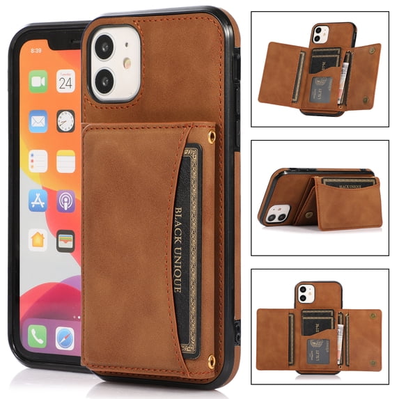 Decase Leather Wallet Case for iPhone 11 with Kickstand Card Slots Magnetic Button Shockproof Business Style Case For iPhone 11,Brown
