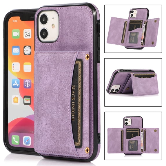 Decase Leather Wallet Case for iPhone 11 with Kickstand Card Slots Magnetic Button Shockproof Business Style Case For iPhone 11,Purple