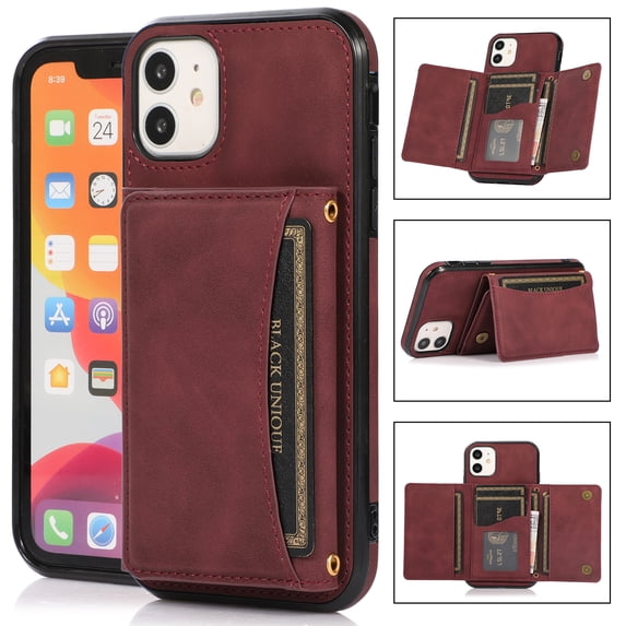 Decase Leather Wallet Case for iPhone 11 with Kickstand Card Slots Magnetic Button Shockproof Business Style Case For iPhone 11,Winered