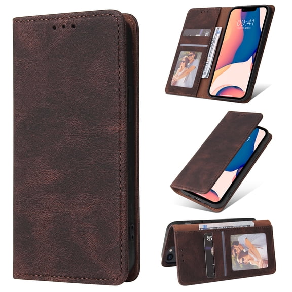 Decase Leather Wallet Case for iPhone 14 Plus Magnetic Closure with Card Slots Holders Money Pocket Kickstand Shockproof Protective Case For iPhone 14 Plus,Brown