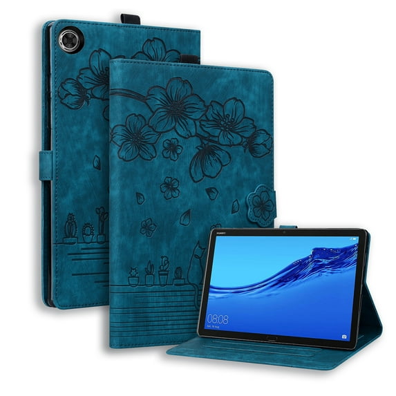 Decase for Lenovo Tab M10 3rd Gen 10.1" (2022) Tablet Shell ,Cute Cat Flower Embossed Patter Tri-Fold Stand Protection Shockproof Cover With Wallet Card Slots & Anti-Slip Strips,Blue