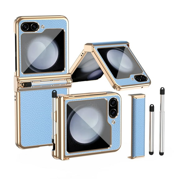 Decase Luxury Case for Samsung Galaxy Z Flip 5, Cover with S Pen Slot & Two Hinge Protection & Pen, Premium Plating PC PU Leather Case for Samsung Galaxy Z Flip5 5G 2023, Gold + Blue