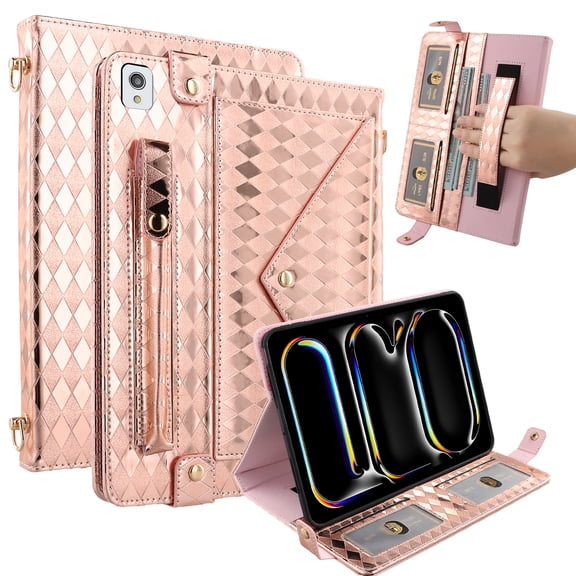 Decase Luxury Crossbody Iridescent PU Leather Case for Apple iPad 9th/8th/7th Gen/iPad Air 3rd Gen/Pro 10.5,Shockproof TPU inner Case,Stand Flip Wallet Cover for iPad 10.2 & 10.5,Rosegold
