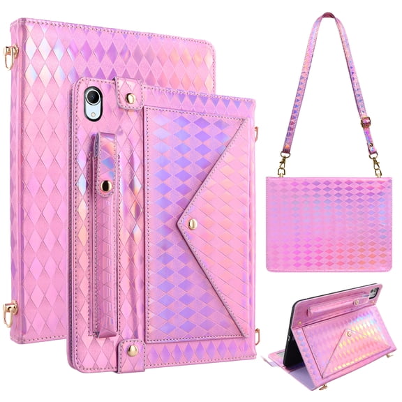 Decase Luxury Crossbody Iridescent PU Leather Case for iPad (A16) 2025 11"/iPad 10th Gen 2025/2022,Shockproof TPU inner Case,Kickstand Flip Wallet Cover,Pink