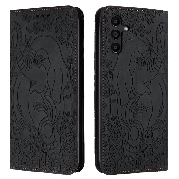 Decase Luxury Retro Leather Wallet Case for Samsung Galaxy A35,Retro Elephant Texture PU Leather Flip Cover with Card Holder Slots, Shockproof Rugged Magnetic Folio Phone Case,Black