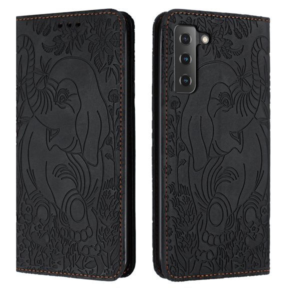 Decase Luxury Retro Leather Wallet Case for Samsung Galaxy S21 FE,Retro Elephant Texture PU Leather Flip Cover with Card Holder Slots, Shockproof Rugged Magnetic Folio Phone Case,Black
