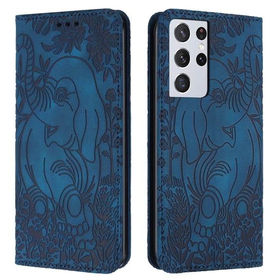 Decase Luxury Retro Leather Wallet Case for Samsung Galaxy S21 Ultra,Retro Elephant Texture PU Leather Flip Cover with Card Holder Slots, Shockproof Rugged Magnetic Folio Phone Case,Blue