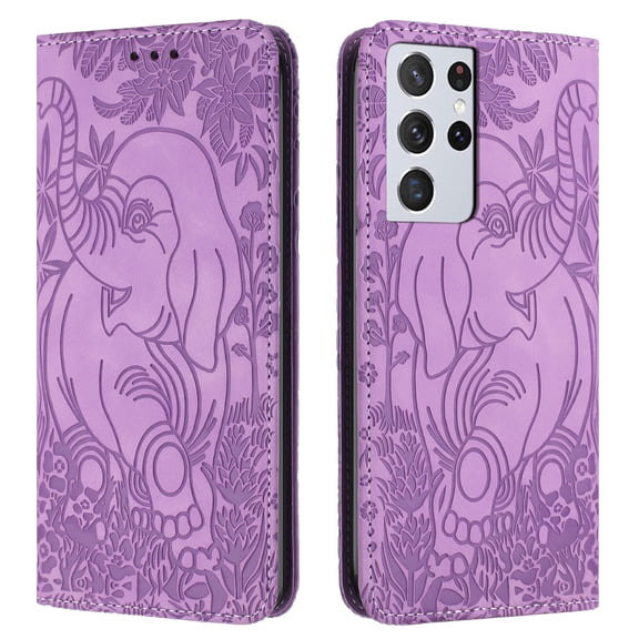 Decase Luxury Retro Leather Wallet Case for Samsung Galaxy S21 Ultra,Retro Elephant Texture PU Leather Flip Cover with Card Holder Slots, Shockproof Rugged Magnetic Folio Phone Case,Purple
