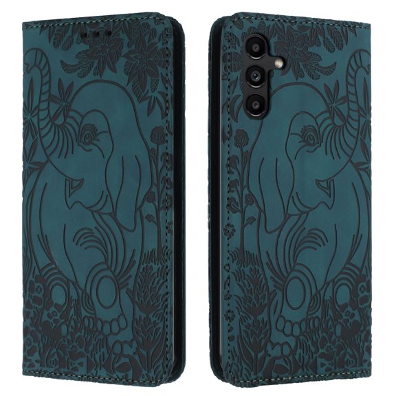 Decase Luxury Retro Leather Wallet Case for Samsung Galaxy S23 FE,Retro Elephant Texture PU Leather Flip Cover with Card Holder Slots, Shockproof Rugged Magnetic Folio Phone Case,Green