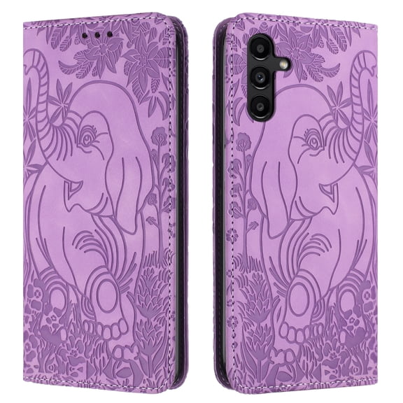 Decase Luxury Retro Leather Wallet Case for Samsung Galaxy S24,Retro Elephant Texture PU Leather Flip Cover with Card Holder Slots, Shockproof Rugged Magnetic Folio Phone Case,Purple