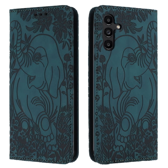 Decase Luxury Retro Leather Wallet Case for Samsung Galaxy S24,Retro Elephant Texture PU Leather Flip Cover with Card Holder Slots, Shockproof Rugged Magnetic Folio Phone Case,Green