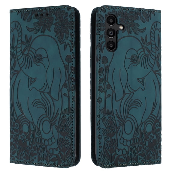 Decase Luxury Retro Leather Wallet Case for Samsung Galaxy S24,Retro Elephant Texture PU Leather Flip Cover with Card Holder Slots, Shockproof Rugged Magnetic Folio Phone Case,Green
