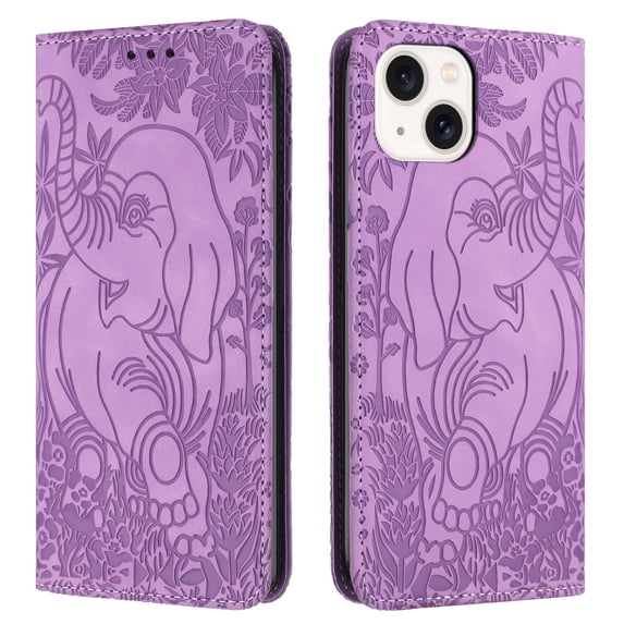 Decase Luxury Retro Leather Wallet Case for iPhone 15 Plus,Retro Elephant Texture PU Leather Flip Cover with Card Holder Slots, Shockproof Rugged Magnetic Folio Phone Case,Purple