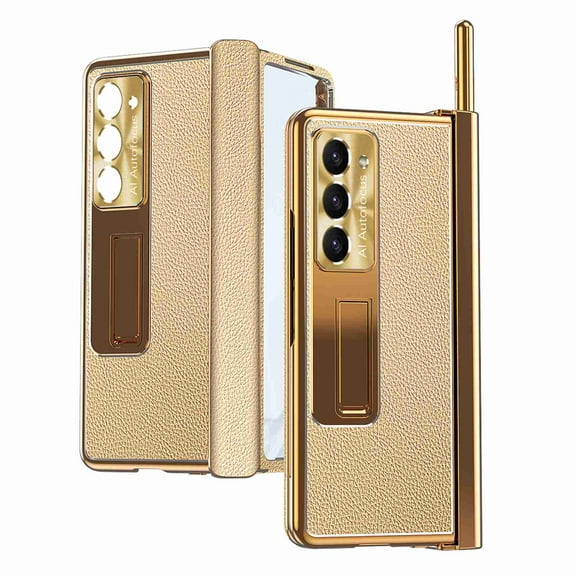 Decase Luxury Stand Case for Samsung Galaxy Z Fold 5 5G, with S Pen Holder & Stylus Hinge Protection PU Leather Cover with Front Screen Protector Phone Case,Gold+Gold