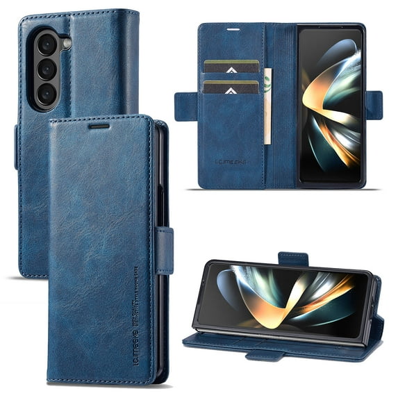 Decase Luxury Wallet Case for Samsung Galaxy Z Fold 5, Magnetic PU Leather RFID Blocking Card Slots Kickstand Shockproof Protection Cover for Galaxy Z Fold 5,Blue