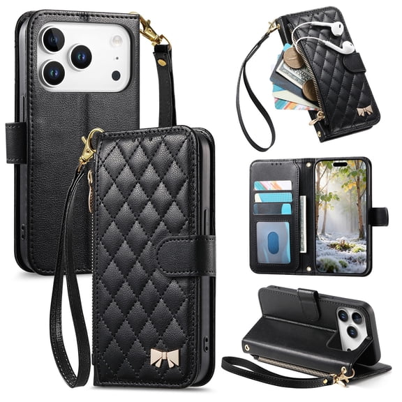 Decase Luxury Wallet Case for iPhone 17 Pro Max,PU Leather Zipper Flip Card Slots Stand Cover,Magnetic Closure,Shockproof Inner PC+TPU Shell with Wrist Strap,Black