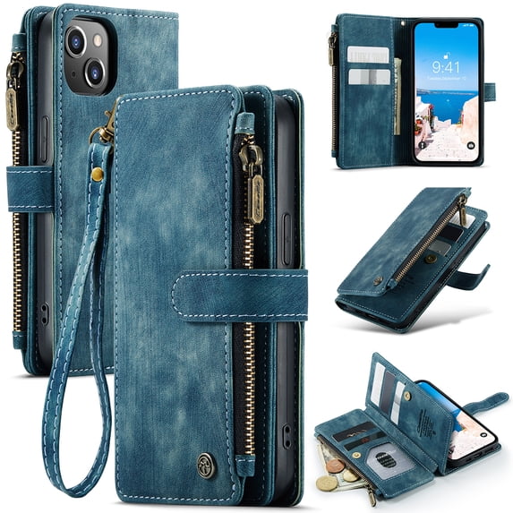 Decase Luxury Zipper Wallet Case for iPhone 14 6.1 inch,PU Leather+Soft TPU with Shockproof Kickstand Cash&Card Slot Full Protection Shock-Resistant Case Cover for iPhone14 6.1 inch,Blue