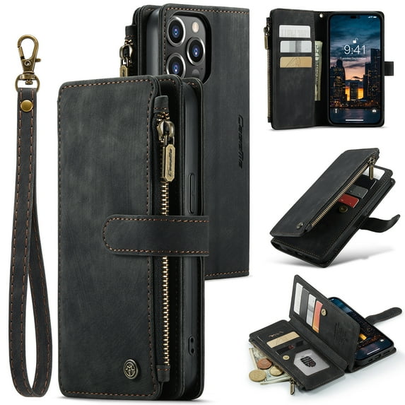 Decase Luxury Zipper Wallet Case for iPhone 14 Pro 6.1 inch,PU Leather+Soft TPU with Shockproof Kickstand Cash&Card Slot Full Protection Shock-Resistant Case Cover for iPhone 14 Pro 6.1 inch ,Black
