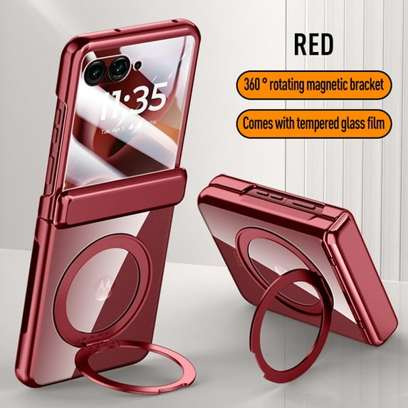 Decase Mag-Safe Case Compatible with Motorola Razr 60/Razr 2025,Non-Yellowing Case,360° Rotatable Ring Stand, Electroplated & Hinge Protection & External Screen Protector, Slim Clear Phone Case,Red