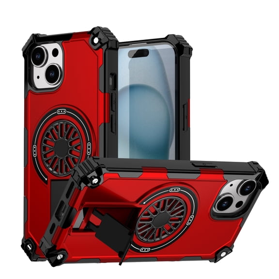 Decase Mag-Safe Case for iPhone 15,Shockproof Heavy Duty Protective Case with Stand,Dual-Layer Hybrid Hard Cover,Red
