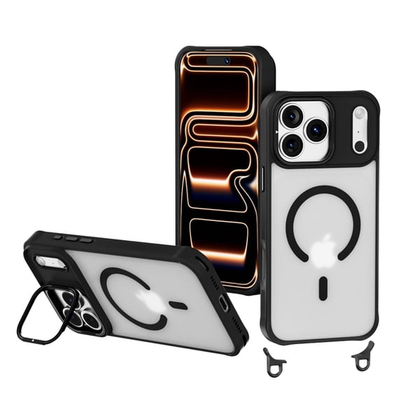Decase Mag-Safe Case for iPhone 17 Pro,Shock-Absorbent PC+TPU Skin-Friendly Cover, Translucent Lanyard Case with Hidden Lens Kickstand,Black