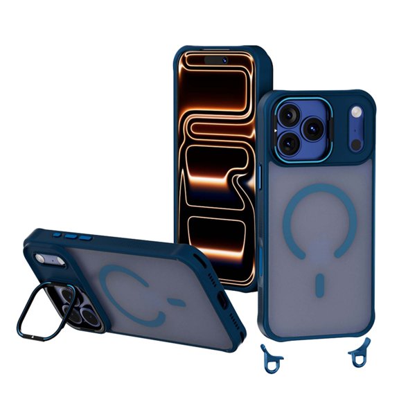 Decase Mag-Safe Case for iPhone 17 Pro,Shock-Absorbent PC+TPU Skin-Friendly Cover, Translucent Lanyard Case with Hidden Lens Kickstand,Blue