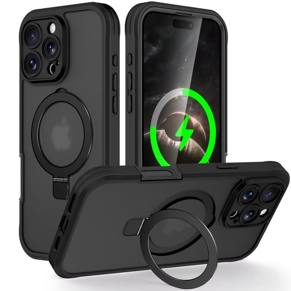 Decase Magnetic Case Compatible with iPhone 16 Pro Max Case with Stand ,Military Drop Protection,Compatible with Magnet,Ring Translucent Slim Hard Back Soft Edge,Black