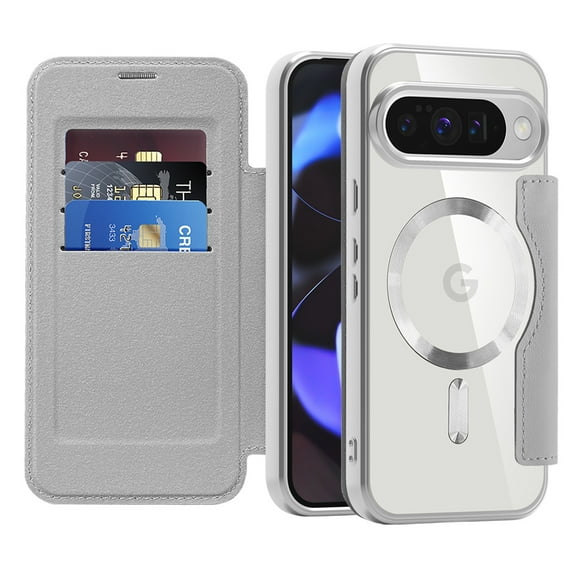 Decase Magnetic Case for Google Pixel 10 /10 Pro Wallet Case with Card Holder,RFID Blocking,Compatible with Mag-Safe,Leather Flip Clear TPU Protection Cover for Google Pixel 10 /10 Pro 2025,Grey