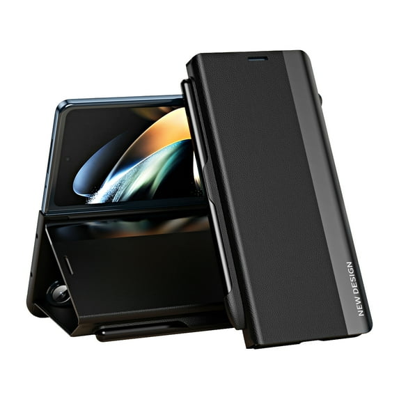 Decase Magnetic Case for Samsung Galaxy Z Fold 5, Slim Leather Case with Pen Slot Kickstand Function Complimentary Stylus Full Body Protection Plating Case for Galaxy Z Fold 5, Black