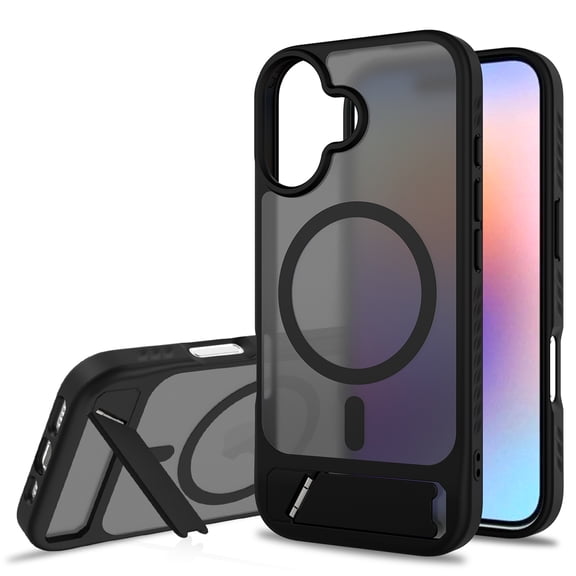 Decase Magnetic Case for iPhone 16,Translucent Slim Hard Phone Case with Built-in 45° Invisible Kickstand,Skin-Feel Matte Shockproof Back Cover,Black