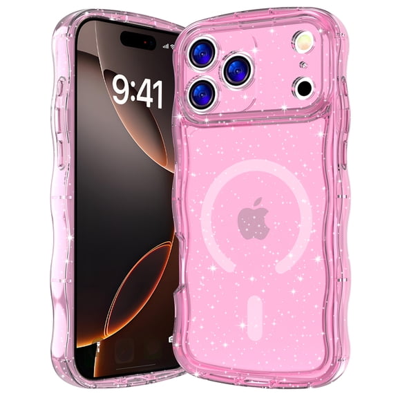 Decase Magnetic Case for iPhone 17 Pro Max,Glitter Wavy Frame Mag-Safe Cover,Transparent Hard PC Back Cover,Pink
