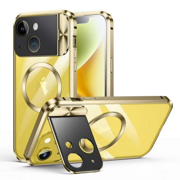 Decase Magnetic Case for iPhone 14 Case Military Protection Compatible with MagSafe, Window Camera Guard Lens Protection Kickstand Magnetic Metal Alloy Bumper Safety Lock Case,Gold