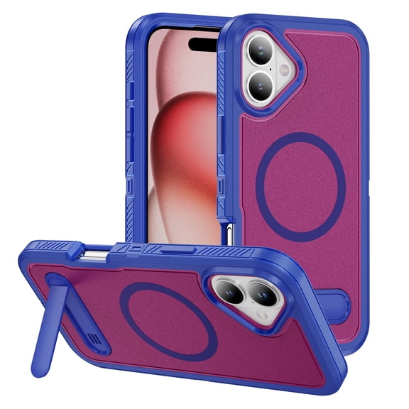 Decase Magnetic Case for iPhone 16,Built-in Kickstand,Fit Mag Safe,Shockproof Anti-Scratch Rugged Back Cover,Dual-Layer Protection Military Grade Protective Case for iPhone 16,Blue+Rose