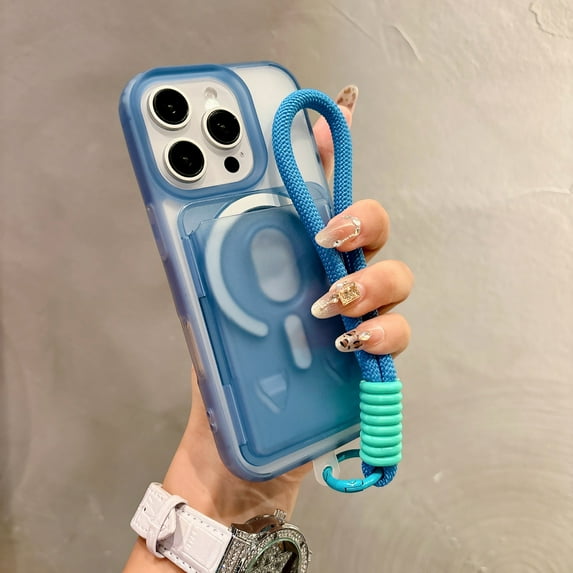 Decase Magnetic Case for iPhone 16 Plus Matte Hybrid Back Cover with Credit Card Slot,Compatible with Mag Safe,Heavy Duty Wriststrap Bracelet,Military Grade Drop Protection Shockproof Cover,Blue