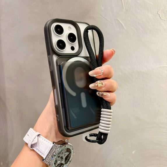 Decase Magnetic Case for iPhone 16 Pro Max Matte Hybrid Back Cover with Credit Card Slot,Compatible with Mag Safe,Heavy Duty Wriststrap Bracelet,Military Grade Drop Protection Shockproof Cover,Black